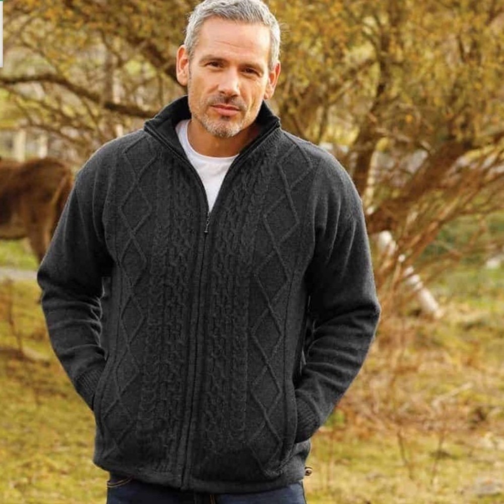 Aran Woollen Mills Full Zip Cable Knit Sweater Small Charcoal Gray